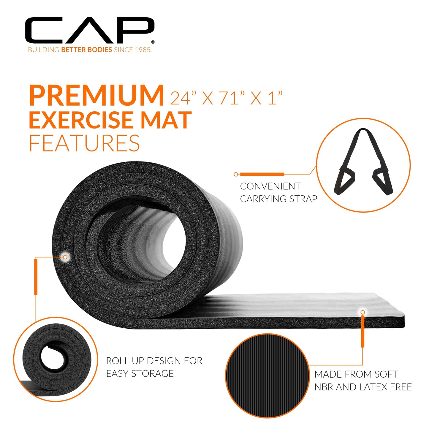 CAP Barbell Yoga Mat 1" Thick with Carrying Strap - High Density Exercise Mat for Yoga, Pilates