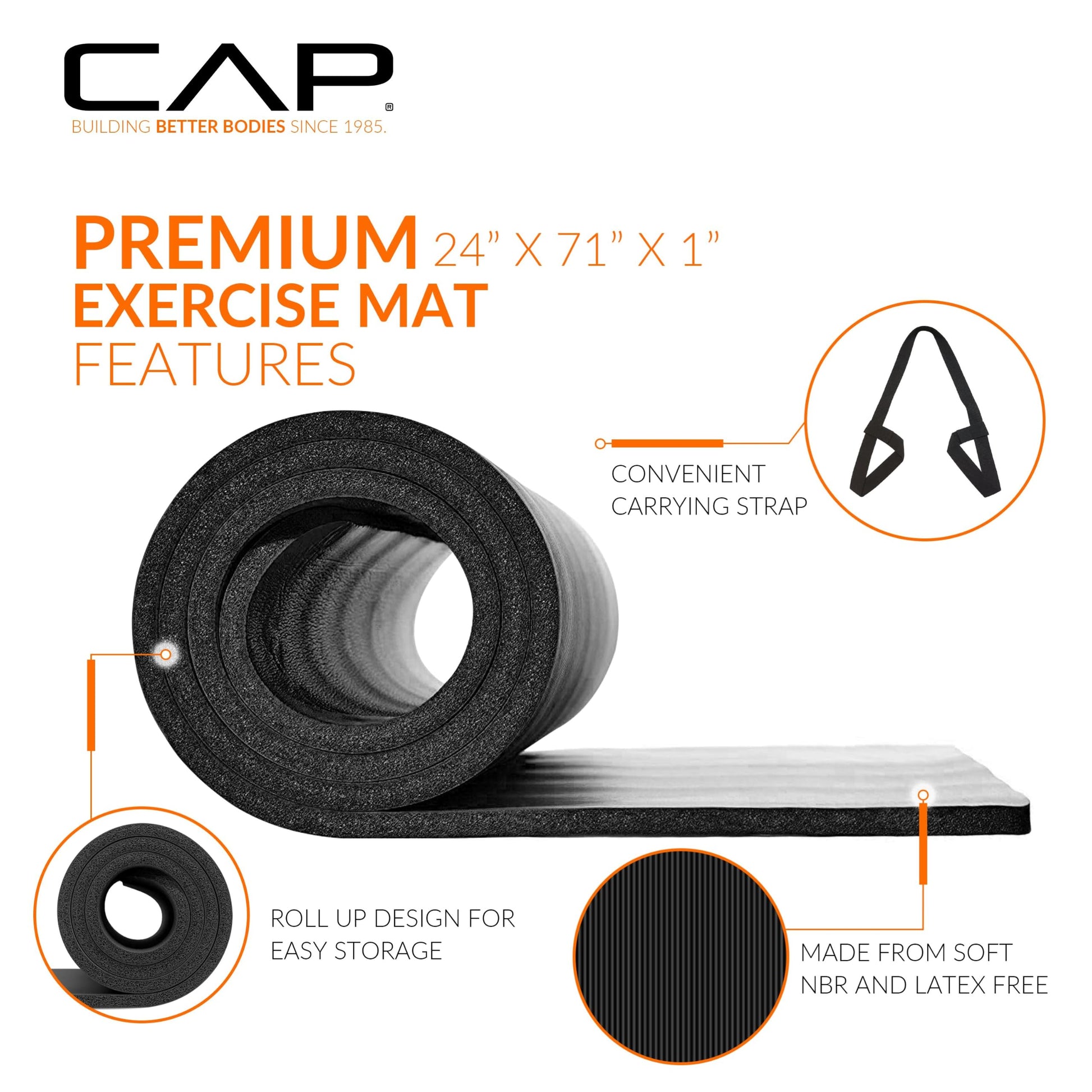 CAP Barbell Yoga Mat 1" Thick with Carrying Strap - High Density Exercise Mat for Yoga, Pilates