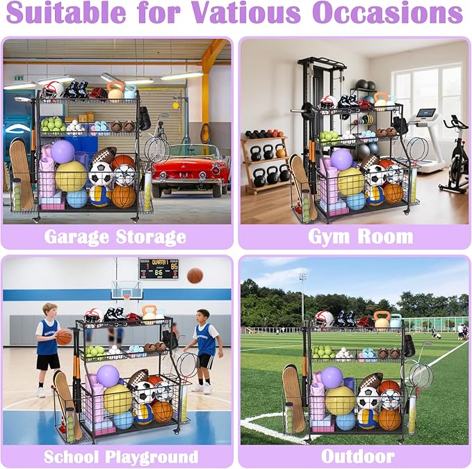 Sports Equipment Organizer, Outdoor Toy Storage - Garage Storage with 2 Side Racks & Removable Baskets, Heavy-Duty Garage Organization Ball Cart with Wheels for Sports
