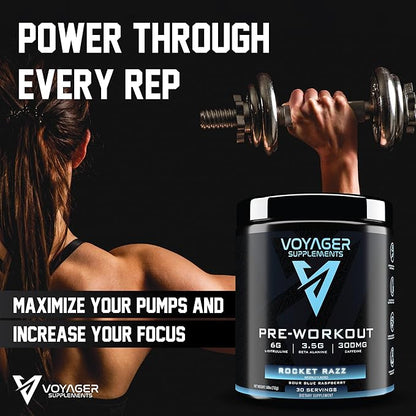 Voyager Pre-Workout Rocket Razz ??Creatine-Free Powder w/L-Citrulline, Beta-Alanine, Caffeine ??Supports Energy, Endurance & Focus ??30 Servings ??No Artificial Fillers ??GMP Certified