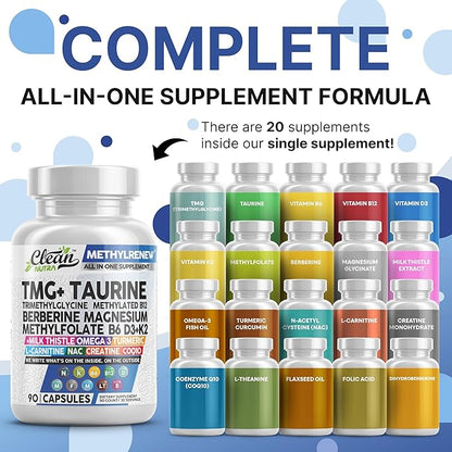 Clean Nutra TMG Supplements 1000mg | Methylated Multivitamin for Women Men | Taurine B6 Vitamins B12 D3 K2 Trimethylglycine Magnesium Methylfolate Milk Thistle NAC COQ10 B Supplement Complex Capsules