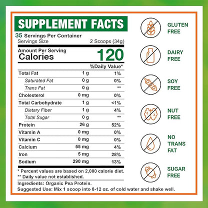 Zammex Organic Pea Protein Powder, 26g Proteins Per Serving,Plant Based 100% Vegan Canada Pea Powder, Gluten Free, Non-GMO,No Additives,Easy to Digest, 2.62lbs, Natural Flavor