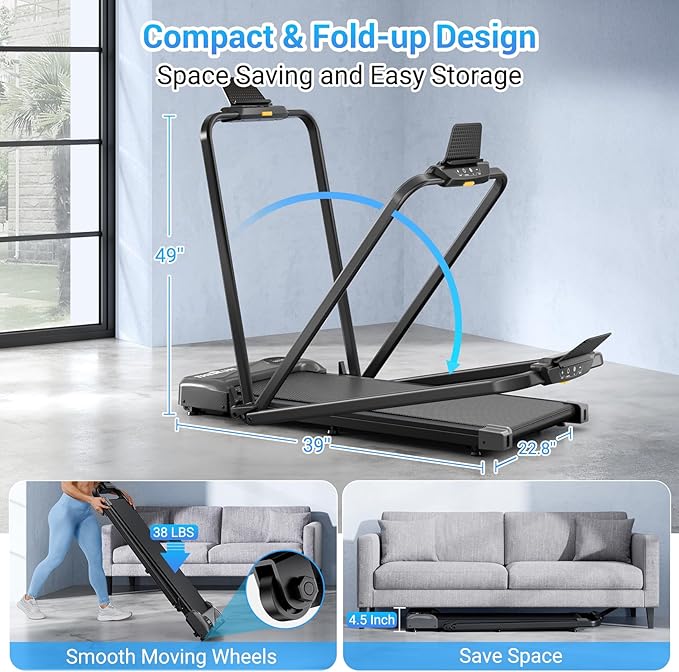 THERUN Walking Pad, 2 in 1 Foldable Treadmills for Home, 2.5HP Under Desk with Handle Bar, 16" Widened Running Belt, with Remote Control