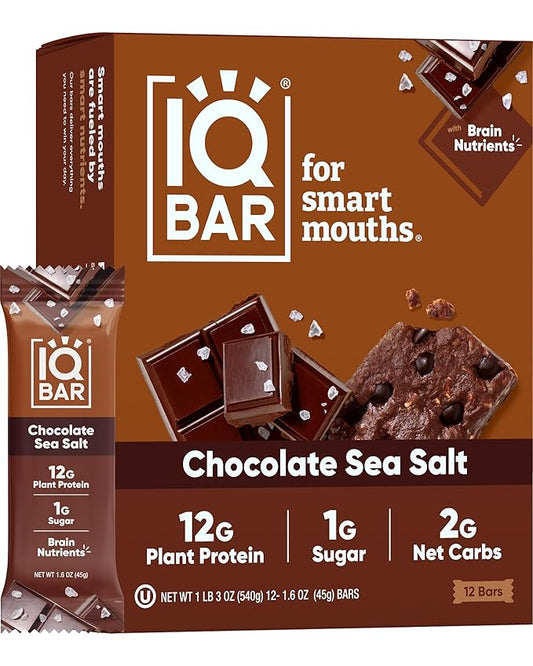 IQBAR Brain and Body Plant Protein Bars - Chocolate Sea Salt - 12-Count Low Carb - Gluten Free