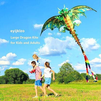 eyijklzo Green Dragon Kite Beautiful and Easy Flyer Kite for Children and Adult with Long Colorful Tail String Line Accessories Easy to Soar High Outdoor Sports Game Activities or Beach Trip