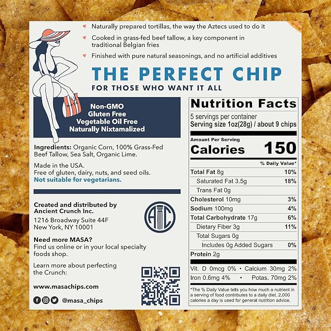 MASA Chips - Lime Flavored Tortilla Chips, Handmade Corn Chips & Crisps - Naturally Grown White Corn, Made with Grass Fed Tallow & Sea Salt - 2 Pack, 5 Ounce Each