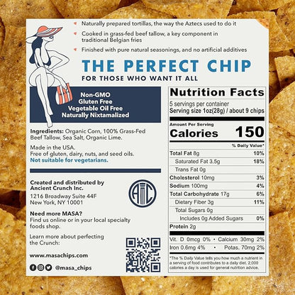 MASA Chips - Lime Flavored Tortilla Chips, Handmade Corn Chips & Crisps - Naturally Grown White Corn, Made with Grass Fed Tallow & Sea Salt - 2 Pack, 5 Ounce Each