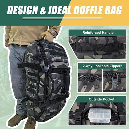 55L Large Travel Gym Duffle Bag Military Tactical Backpack, Army Pack 3 Day Bug Out Bag Rucksack for Outdoor Sport Hiking Camping with Molle System, Black Camo