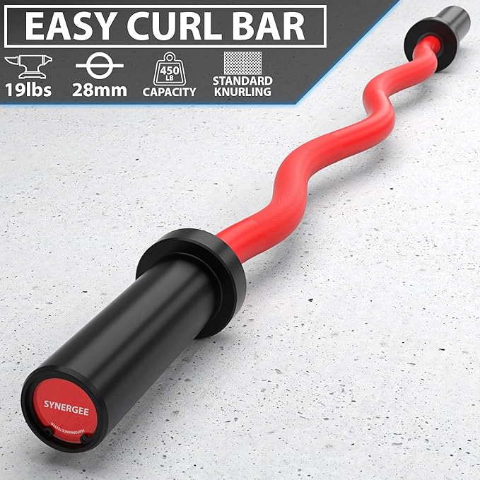 Synergee Commercial EZ Curl Olympic Bar Chrome & Black Phosphate with Powder Coated Brass Bushings Excellent for Bicep Curls and Triceps Extensions