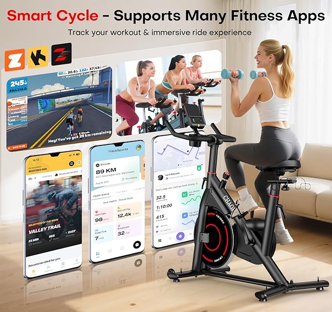 Exercise Bike, CHAOKE Quiet Magnetic Resistance 300LB Capacity Stationary Bike for Home with App Compatible, Indoor Bike with Comfortable Seat and Digital Display