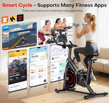 Exercise Bike, CHAOKE Quiet Magnetic Resistance 300LB Capacity Stationary Bike for Home with App Compatible, Indoor Bike with Comfortable Seat and Digital Display