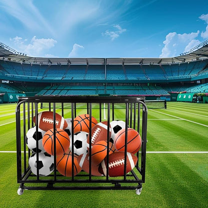 Sports Equipment Organizer Foldable Mental Sports Ball Storage Cart with Lid and Wheels Rolling Ball Cart for Gym, School, Indoor and Outdoor