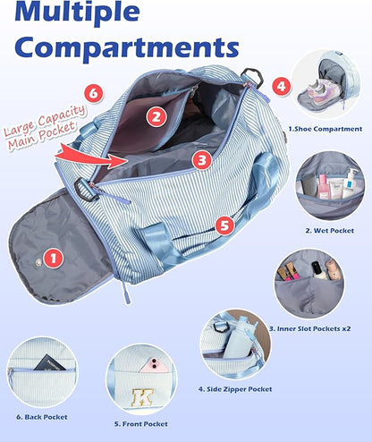 Teen Girls Gifts Trendy Stuff, Girl Gym Bag, Kids Initial Overnight Duffel Bags with Shoe Compartment, Personalized Travel Bag with Makeup Pouch, Birthday Gift for Sister Daughter (Letter J)