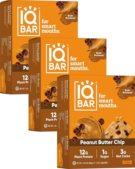 IQBAR Brain and Body Plant Protein Bars - Peanut Butter Chip - 36-Count Low Carb - Gluten Free