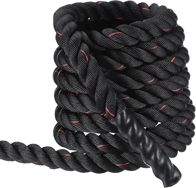 MECCANIXITY Battle Rope 30ft x 2 Inch Polyester Workout Rope Heavy Fitness Exercise Rope for Strength Training Home Gym Muscle Building, Black Red