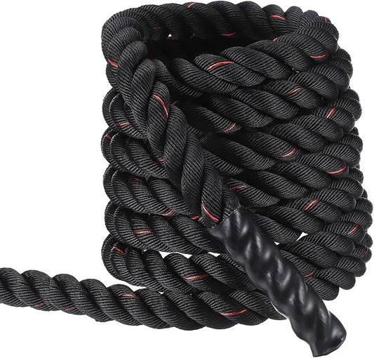 MECCANIXITY Battle Rope 30ft x 2 Inch Polyester Workout Rope Heavy Fitness Exercise Rope for Strength Training Home Gym Muscle Building, Black Red