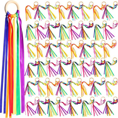 Junkin Ribbon Rings Hand Kite Waldorf Toys Dancing Wrist Ribbons Rainbow Streamers with Wood Ring Sensory Learning Educational Toy for Playroom Dancing Birthday Party Gift(24 Pcs)