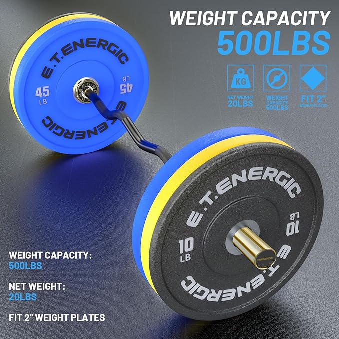 47" Olympic EZ Curl Bar 500-lbs Capacity Steel Barbell Suitable for 2" Weight Plates, 2-Inch Curl Bar for Weight Lifting,Hip Thrusts,Squat,Biceps-Home Gym Weight Bar