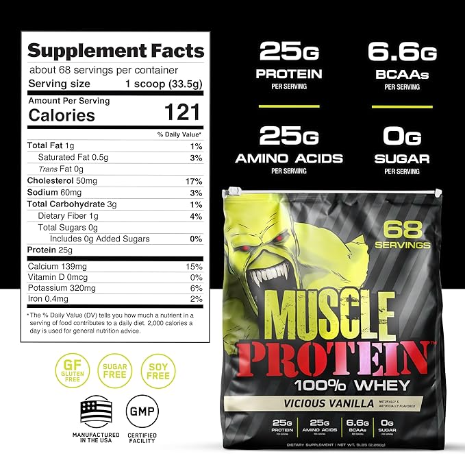 Muscle Protein Whey Powder [5 lbs/Pack of 1]??Cold Filtered, 25g Pure Protein, 6.6g BCAAs (Packaging May Vary) (5LB, Strawberry)