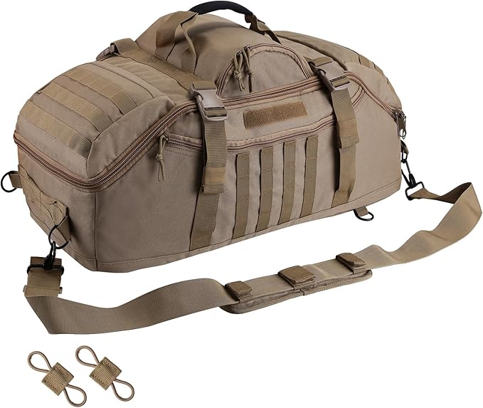 65L Large Duffle Bag, 3-in-1 Tactical Backpack MOLLE Pack for Sports, Gym, Outdoor, Coyote