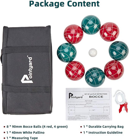 Pointyard Bocce Ball Set, 90mm Resin Bocce Ball Set with 8 Resin Bocce Balls/1 Pallino/Nylon Zippered Bag/Measuring Tape - Outdoor Lawn Games for Adults Family Kids/Yard/Beach Game