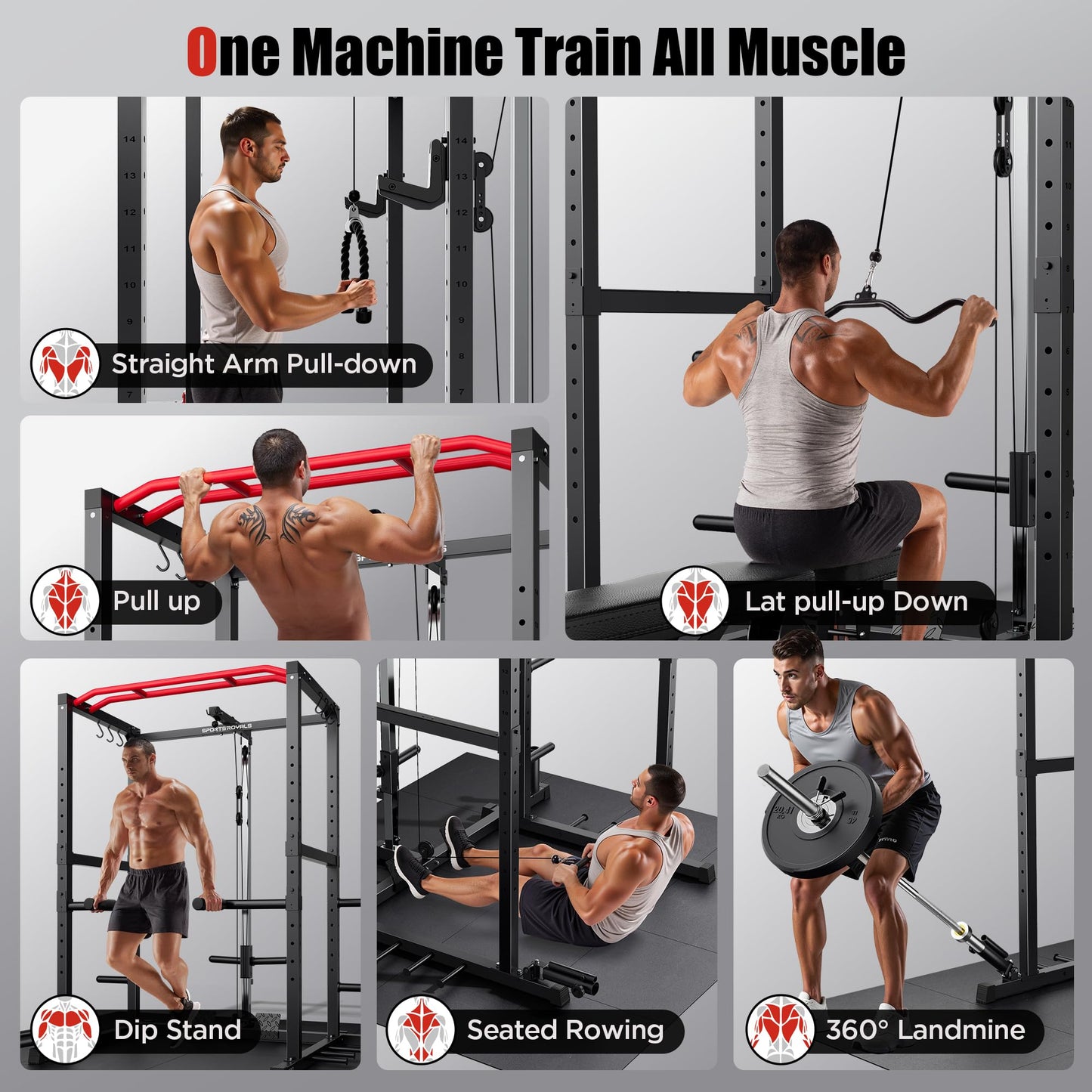 SPORTSROYALS Squat Rack, 1200 lb Power Cage with LAT Pulldown for Home Gym
