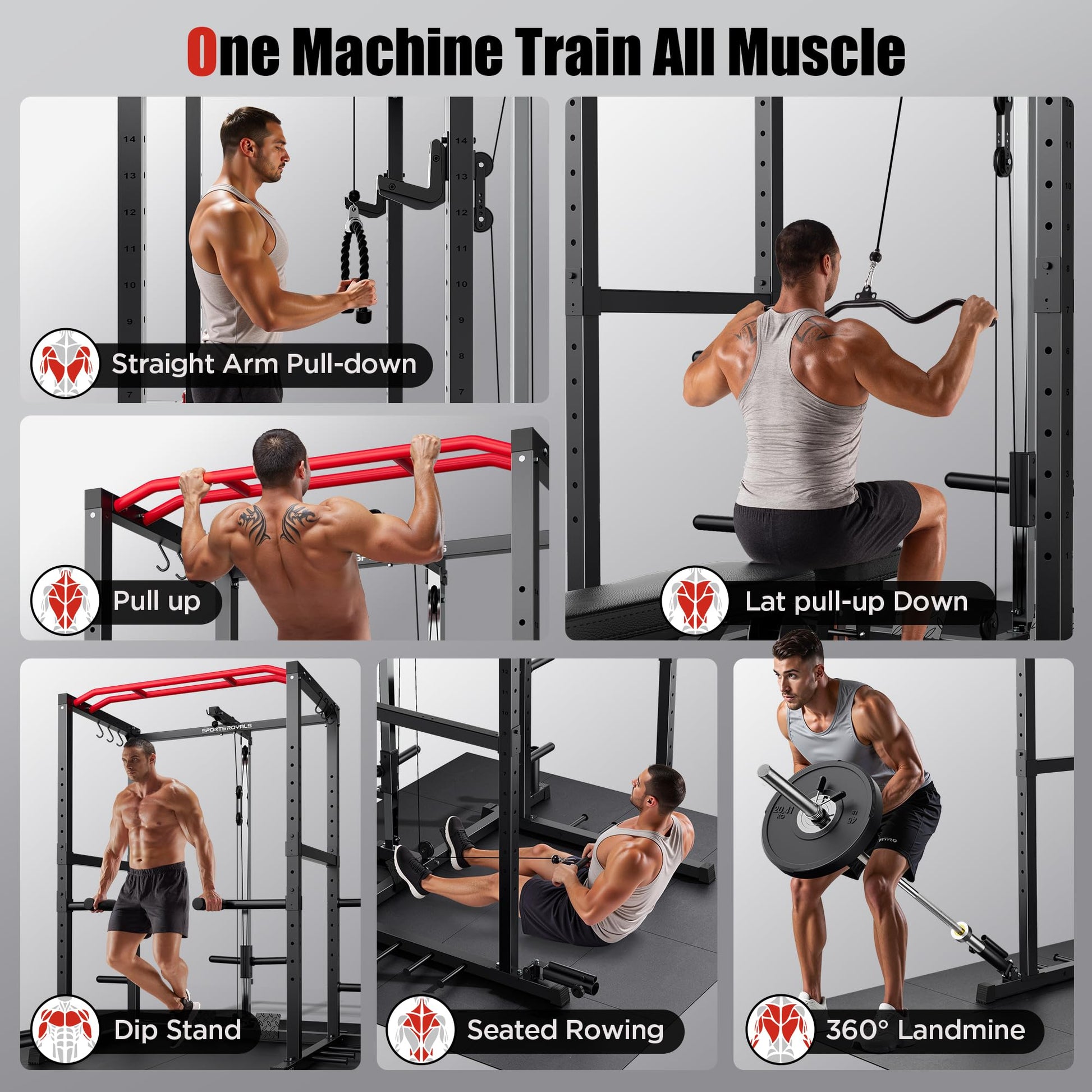 SPORTSROYALS Squat Rack, 1200 lb Power Cage with LAT Pulldown for Home Gym