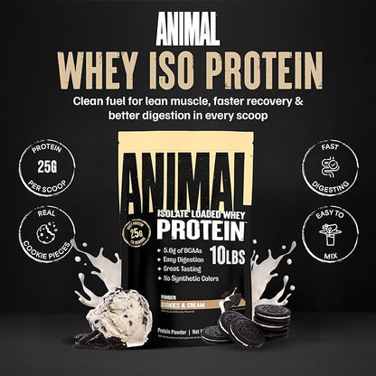 Animal Whey Isolate Protein Powder - Loaded for Pre & Post Workout Muscle Builder and Recovery with Digestive Enzymes for Men & Women - 25g Protein, Great Taste, Low Sugar - Cookies & Cream 10 lbs