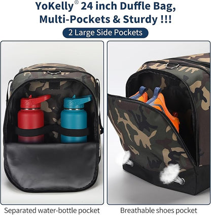 24 inch Large Gym Bag for Men - 65L Hard Bottom Duffle Bag with Shoes Compartment for Sport/Travel - Camo