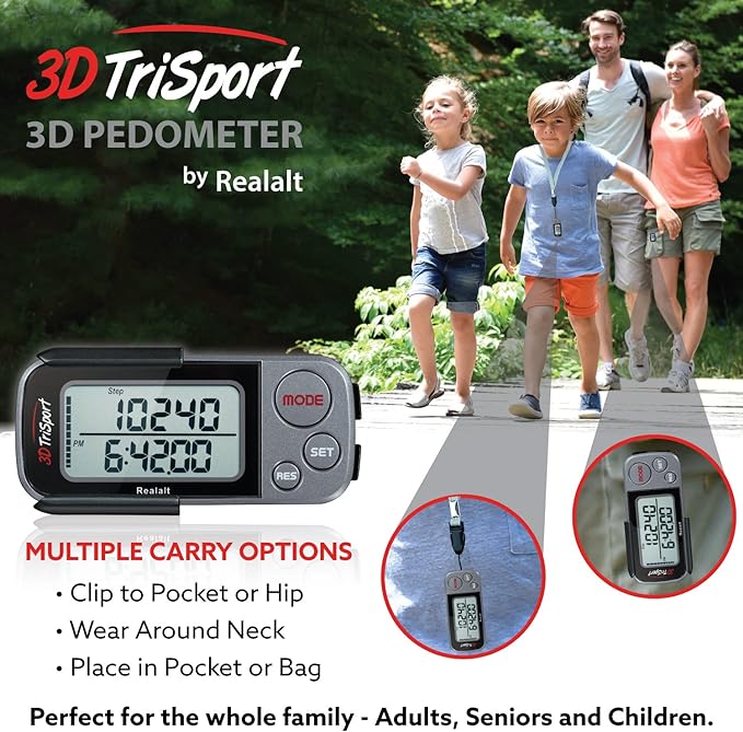 3DTriSport Walking 3D Pedometer with Clip & Strap, eBook Included | 30 Days Memory, Accurate Step Counter, Walking Distance Miles/Km, Calorie Counter, Daily Exercise Time Monitor