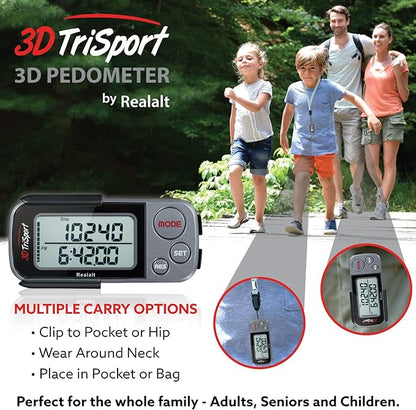 3DTriSport Walking 3D Pedometer with Clip & Strap, eBook Included | 30 Days Memory, Accurate Step Counter, Walking Distance Miles/Km, Calorie Counter, Daily Exercise Time Monitor