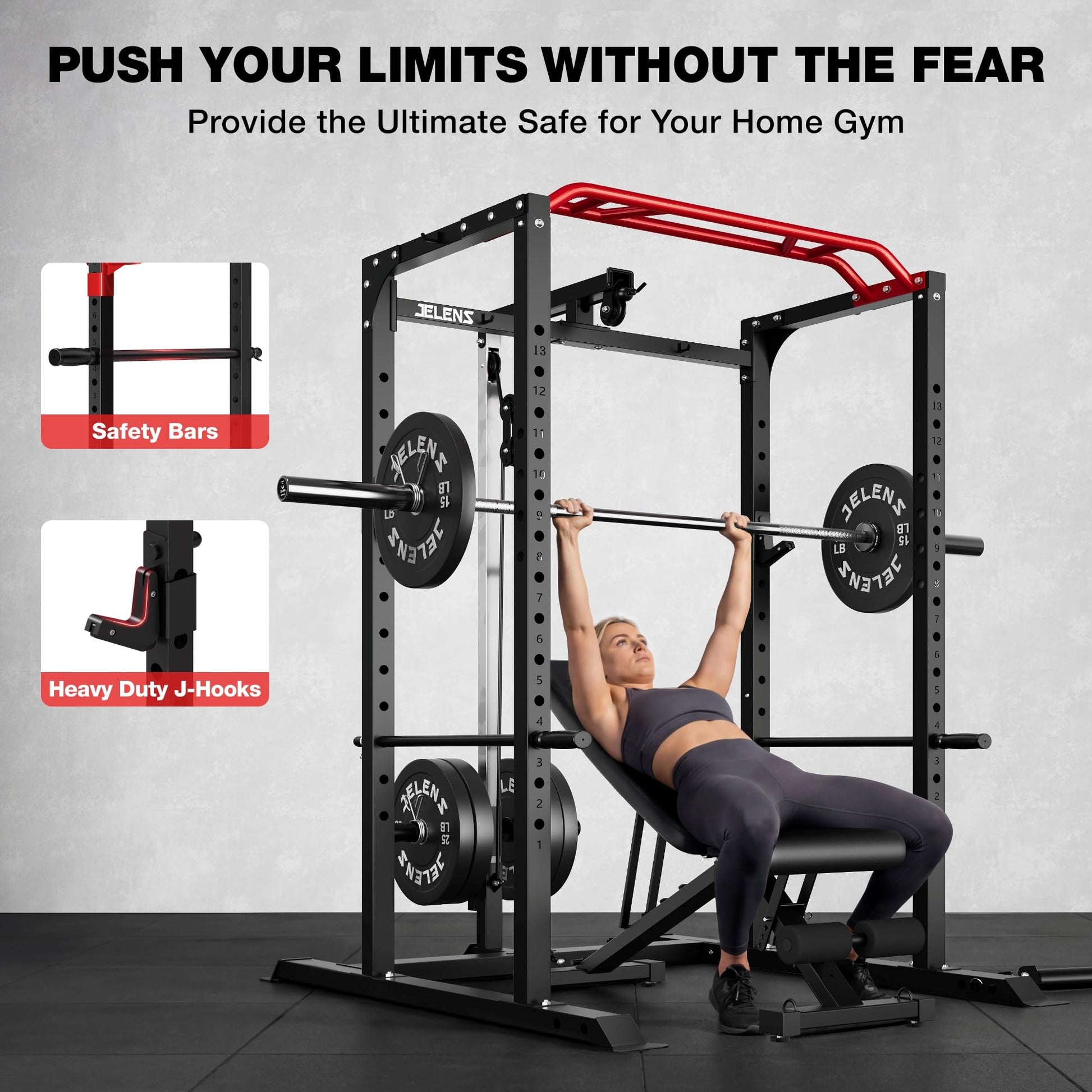 JELENS S11 Power Cage, 2000LB Multi-Function Power Rack with LAT Pulldown, Squat Rack with