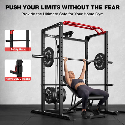 JELENS S11 Power Cage, 2000LB Multi-Function Power Rack with LAT Pulldown, Squat Rack with
