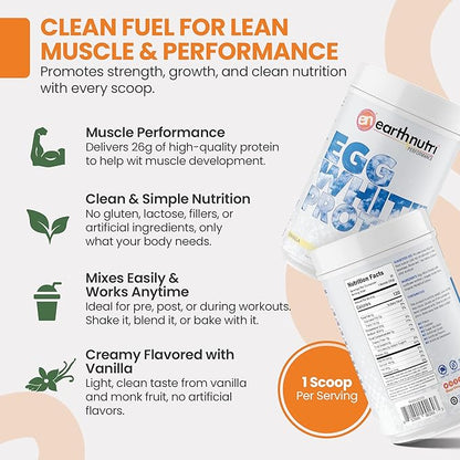 EarthNutri - Egg White Protein Powder Supplement for Pre, Intra or Post Workout, 26g of Protein Per Serving, Supports Muscle Strength & Recovery, No Artificial Additives - Vanilla 20 Servings (640g)