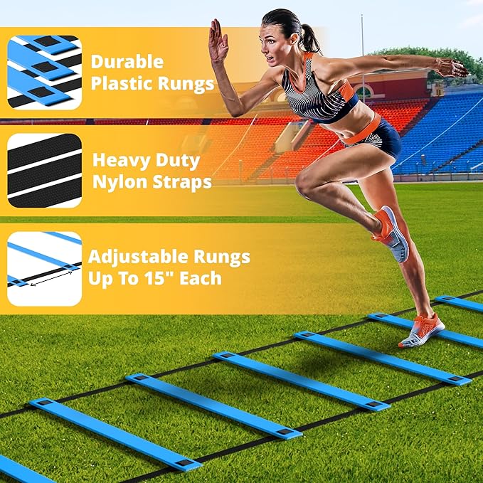 Yes4All Agility Ladder Speed Training Equipment Set - 1 Adjustable Agility Ladder, 12 Soccer Cones, 5 Hurdles, Jump Rope, Running Parachute - Speed & Agility Training Equipment for All Ages