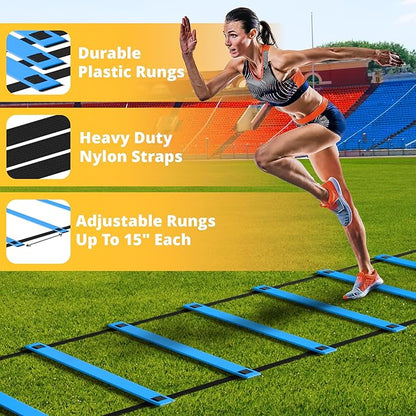 Yes4All Agility Ladder Speed Training Equipment Set - 1 Adjustable Agility Ladder, 12 Soccer Cones, 5 Hurdles, Jump Rope, Running Parachute - Speed & Agility Training Equipment for All Ages