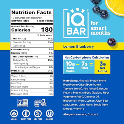 IQBAR Brain and Body Plant Protein Bars - Lemon Blueberry - 12-Count Low Carb - Gluten Free, High Fiber, Vegan Snacks - Low Sugar Meal Replacement