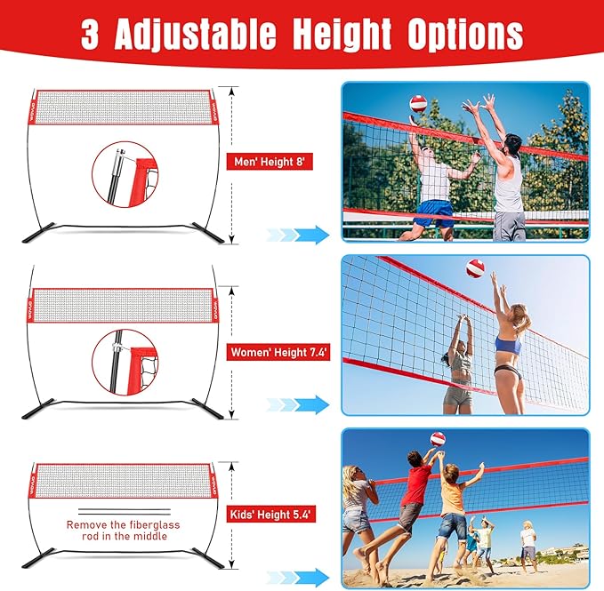 12Ft Beach Volleyball Net for Backyard, Portable Net Set, Freestanding Volleyball Training Equipment with Pump, Bag, Sports Game for Outdoor Indoor, Height Adjustable