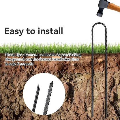 Trampoline Ground Anchors 24-Inch Heavy Duty U Rebar Stakes for Trampoline, Dog Fence, Black Antirust Coated (16 Pcs)