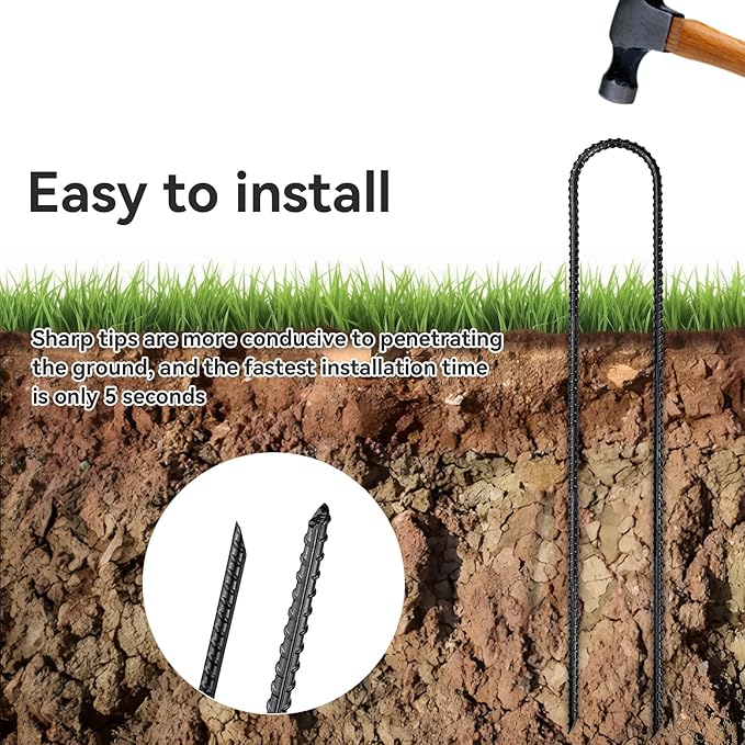 Trampoline Ground Anchors 24-Inch Heavy Duty U Rebar Stakes for Trampoline, Dog Fence, Black Antirust Coated (8 Pcs)