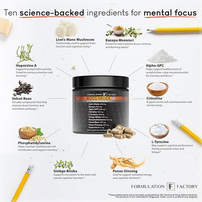 Boss Mode 10-in-1 Nootropic Cognitive Enhancement Supplement, Focus & Memory Booster, Featuring Lion?™s Mane, Bacopa Monnieri, Alpha-GPC, Ginseng & More 120 Capsules (1 Pack)