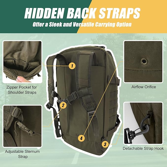 65L Large Travel Gym Duffle Bag with Tensile Strength Pom Buckle Military Tactical Backpack, Army Pack for Outdoor Sport with Molle System, Olive Green