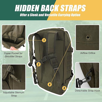 65L Large Travel Gym Duffle Bag with Tensile Strength Pom Buckle Military Tactical Backpack, Army Pack for Outdoor Sport with Molle System, Olive Green