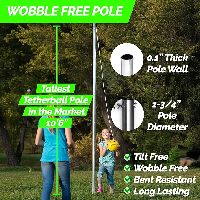 STERLING Sunnywood Sports Heavy Duty Tetherball Set for Outdoor Backyard with Ball, Rope and Pole 10-1/2' Height