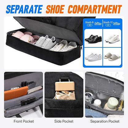 Travel Bag for Men Women, Duffle Bag & Gym Bag with Shoe Compartment, Weekender Overnight Bag with Toiletry Bag and Carry on Bags for Travel, Flight Airplane, Fit Trip, Gym, Yoga, Black
