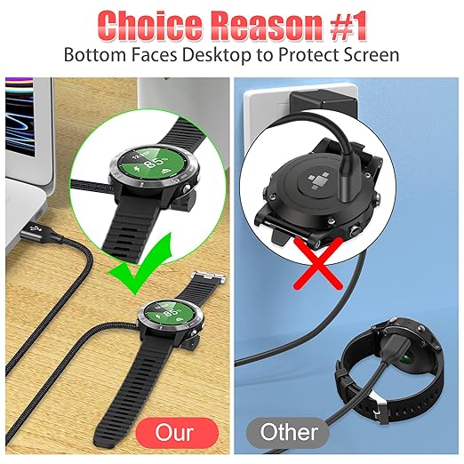 AGVEE 6.6ft Charger for Garmin Watch, L-Shape Charging Cable for Fenix, Forerunner, Vivoactive, Instinct, Venu, Tactix, Approach, D2, Quatix Series, Right Angle Braided, Black