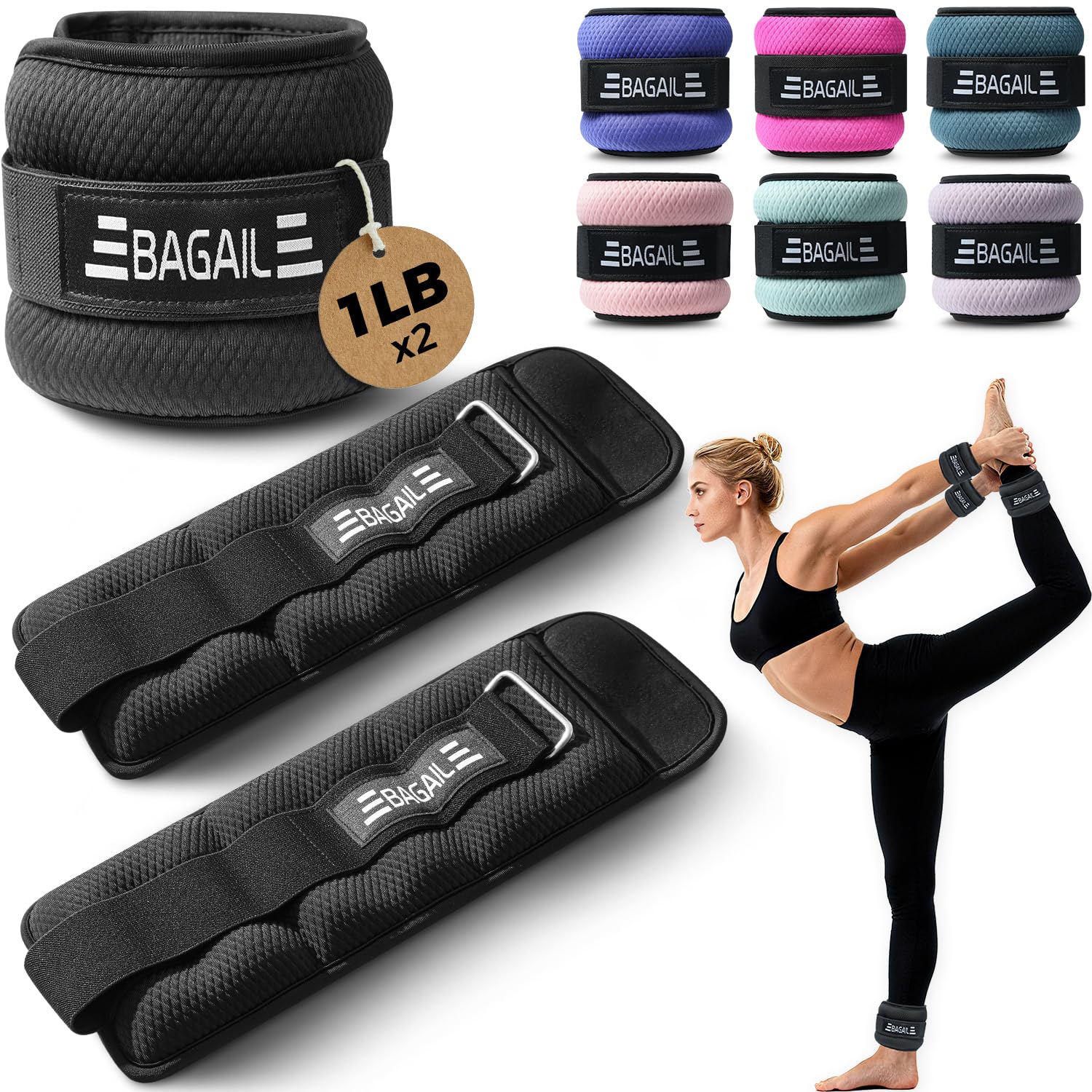 BAGAIL Ankle Wrist Weights for Women & Men, Set of 2 (1 lb Each, 2 lbs Total), Wearable Leg Arm