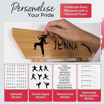 Karate Belt Display Rack - Bamboo 10 Taekwondo Belt Display with Customization Stickers, 2 Picture Frames, Self-Adhesive Adjustable Strips & Hanging Kit Taekwondo Gifts