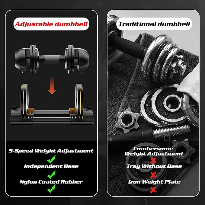 Adjustable Dumbbell,22LBS 44LBS 52LBS Dumbbell Set with Tray for Fitness, Fast Adjust Weight by Turning Anti-Slip Handle, Safety with 8 Lock Slots, Suitable for Men and Women