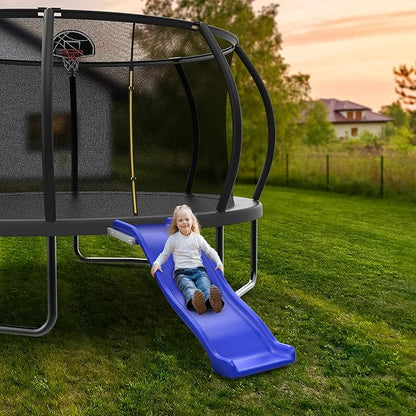 Heavy Duty Plastic Trampoline Slide with Support Frame for 8-16FT, Outdoor Plastic Slide for Trampoline, Adjustable Safer Trampoline Ladder for Kids 6+, 220 LBs Capacity, Blue